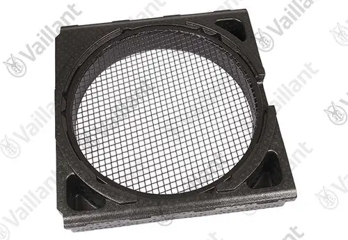 Vaillant-Luftgitter mit Metallnetz in quadratischer Form, geeignet für spezifische Heizsysteme. Kunststoffrahmen in dunkler Farbe.